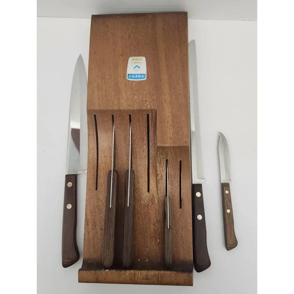 Vintage 1960s Ekco Flint Ekcowood Knife Block Holder with 6 Piece Knife Set